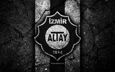 Altay FC, 4k, logo, football, Turkish Lig, black stone, Turkey, soccer, emblem, Altay, asphalt texture, Izmir, Turkish football club
