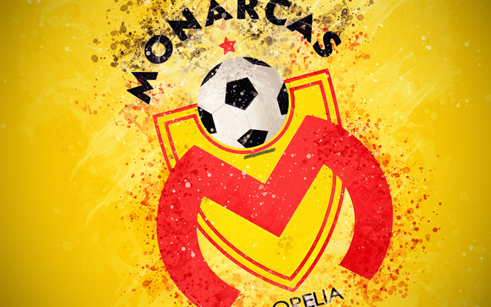 Monarcas Morelia, 4k, paint taidetta, luova, meksikon jalkapallo joukkue, Liga MX, logo, tunnus, keltainen tausta, grunge-tyyliin, Morelia, Meksiko, jalkapallo