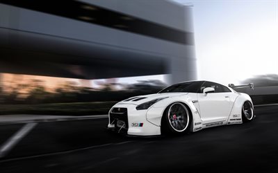 Nissan GT-R, lowrider, vit sport coupe, tuning GT-R, Japanska sportbilar, Nissan