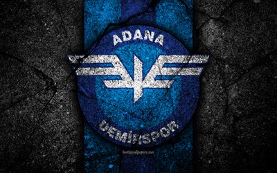 Adana Demirspor FC, 4k, logo, football, Turkish Lig, black stone, Turkey, soccer, emblem, Adana Demirspor, asphalt texture, Adana, Turkish football club