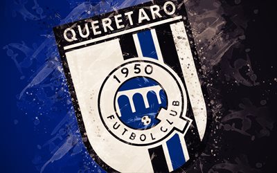 Queretaro FC, 4k, paint art, creative, Mexican football team, Liga MX, logo, emblem, blue black background, grunge style, Santiago de Queretaro, Mexico, football
