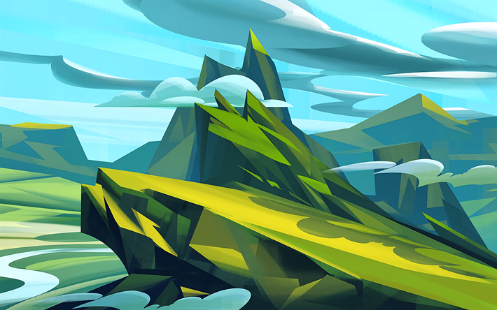 des montagnes, des nuages, du low poly art, art 3d, low poly paysage