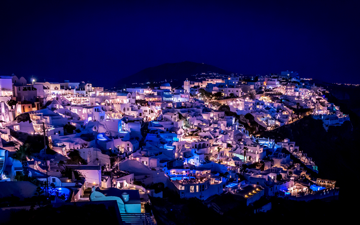 Santorin, 4k, les paysages nocturnes, en &#233;t&#233;, en Gr&#232;ce, en Europe, tous les soirs de santorin