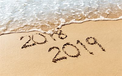 2019 year, concepts, sand writing, beach, sea, 2018 to 2019, New Year