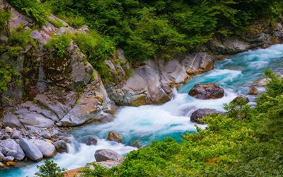 mountain river, forest, stones, blue water, mountains, rivers