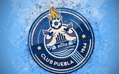 Club Puebla, 4k, paint art, creative, Mexican football team, Liga MX, logo, emblem, blue background, grunge style, Puebla de Zaragoza, Mexico, football, Puebla FC