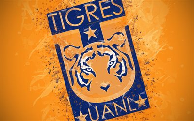 Tigres UANL, 4k, paint taidetta, luova, Meksikon jalkapallo joukkue, Liga MX, logo, tunnus, keltainen tausta, grunge-tyyliin, Monterrey, Meksiko, jalkapallo