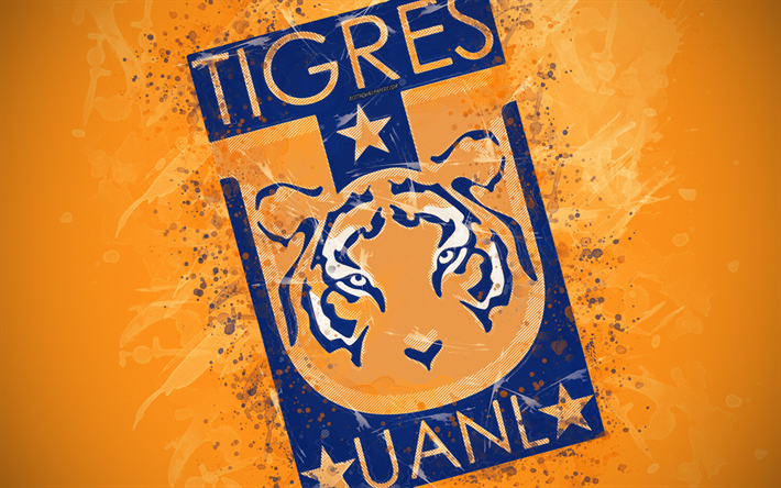 Tigres UANL, 4k, m&#229;la konst, kreativa, Mexikansk fotboll, Liga MX, logotyp, emblem, gul bakgrund, grunge stil, Monterrey, Mexiko, fotboll