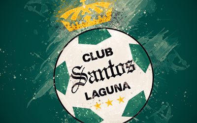 Club Santos Laguna, 4k, vernice, arte, creativo, Messicano squadra di calcio, la Liga MX, logo, stemma, sfondo verde, grunge, stile, Torreon, Messico, calcio