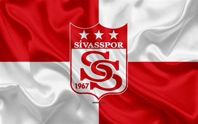 Sivasspor, 4k, white red silk flag, logo, Turkish football club, art, creative, Sivas, Turkey, football, silk texture