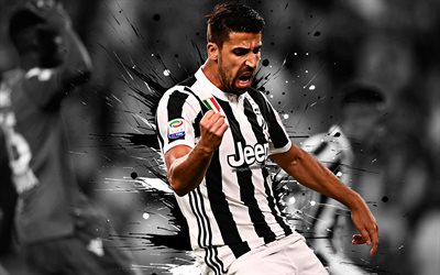 Sami Khedira, 4k, German footballer, Juventus FC, black and white paint splashes, creative grunge art, portrait, Juve, Serie A, Italy