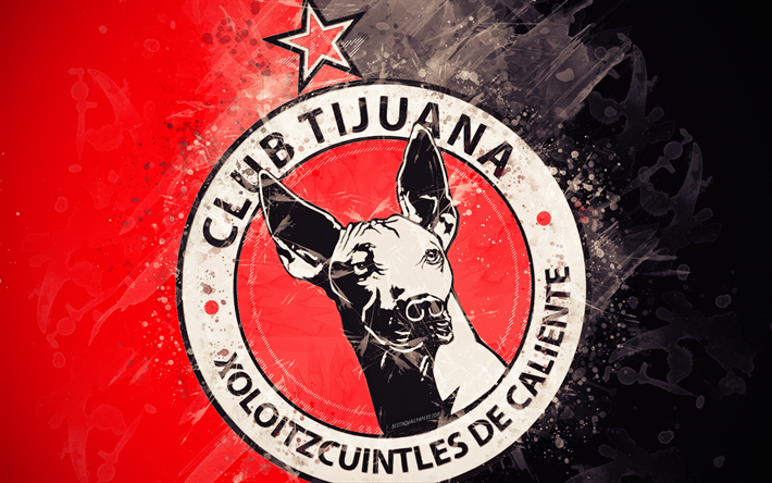 Club Tijuana, 4k, m&#229;la konst, kreativa, Mexikansk fotboll, Liga MX, logotyp, emblem, r&#246;d svart bakgrund, grunge stil, Tijuana, Mexiko, fotboll, Xolos Tijuana
