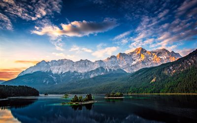 sunrise, morning, mountain lake, mountain landscape, forest, Bavaria, Alps, Germany