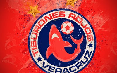 فيراكروز FC, أسماك القرش الحمراء دي فيراكروز, 4k, الطلاء الفن, الإبداعية, المكسيكي لكرة القدم, والدوري, شعار, خلفية حمراء, أسلوب الجرونج, فيراكروز, المكسيك, كرة القدم