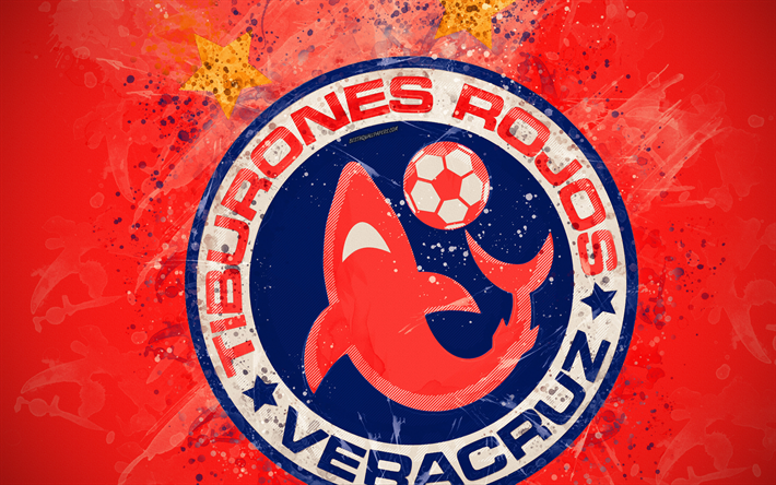 Veracruz FC, Tiburones Rojos de Veracruz, 4k, pintura, arte, creativo, Mexicana de f&#250;tbol, de la Liga MX, logotipo, emblema, fondo rojo, estilo grunge, Veracruz, M&#233;xico, el f&#250;tbol