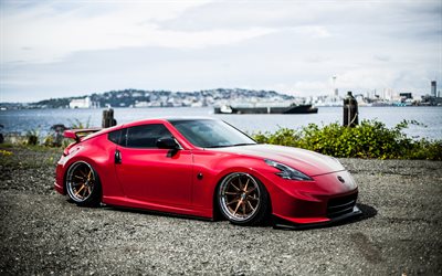 Nissan 370Z, red sports coupe, lowrider, red 370Z, Japanese sports cars, tuning 370Z, Nissan