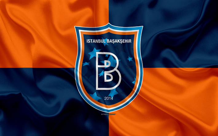 Başakşehir, 4k, oranssi sininen silkki lippu, logo, Turkkilainen jalkapalloseura, art, luova, Istanbul, Turkki, jalkapallo, silkki tekstuuri