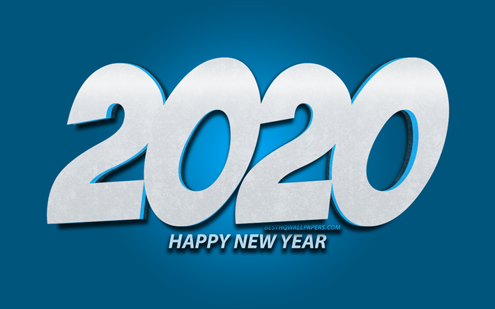 4k, 2020 blue 3D digits, cartoon art, Happy New Year 2020, blue background, 2020 neon art, 2020 concepts, 2020 on blue background, 2020 year digits, New Year 2020