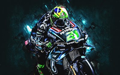 Franco Morbidelli, Italian motorcycle racer, Petronas Yamaha SRT, Yamaha YZR-M1, MotoGP, blue stone background, creative art, Yamaha