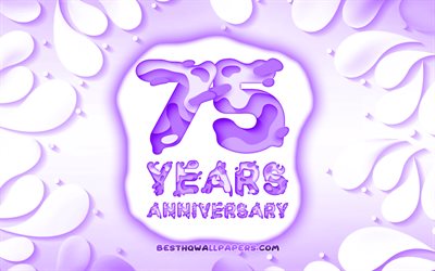 75 aniversario, 4k, 3D p&#233;talos de un marco, aniversario conceptos, violeta de fondo, letras 3D, 75&#186; aniversario de la se&#241;al, obras de arte, a los 75 A&#241;os de Aniversario