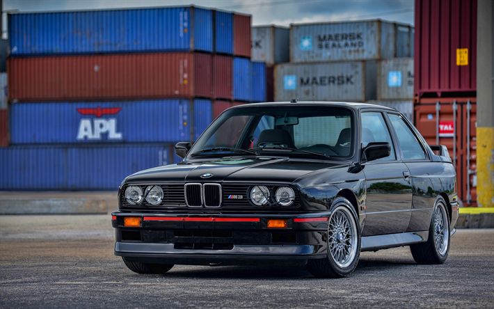 BMW M3, supercar, E30, porta, 1990 vetture, conserviera M3 E30 nero, tuning, BMW E30, auto tedesche, BMW, nero M3, HDR