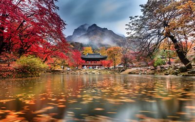Naejangsan montanhas, Baegyangsa Templo, lago, outono, paisagem de montanha, paisagem de outono, Naejangsan Parque Nacional, Naejangsan, Coreia Do Sul