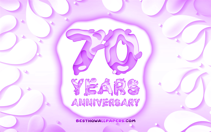 70e anniversaire, 4k, 3D p&#233;tales cadre, anniversaire, concepts, fond mauve, 3D lettres, 70e anniversaire signe, illustration, 70 Ans Anniversaire