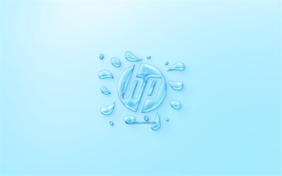 HP-logotyp, vatten logotyp, Hewlett-Packard, emblem, bl&#229; bakgrund, HP-logotyp gjord av vatten, kreativ konst, vatten begrepp, HP