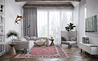 grigio elegante salone interno, travi di legno sul soffitto, interni moderni, design, in stile moderno, soggiorno