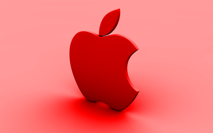Apple logo rouge, sur fond rouge, cr&#233;atif, Apple, minimal, le logo Apple, œuvres d&#39;art, Apple logo 3D