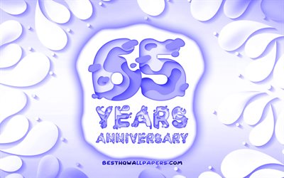 65th anniversary, 4k, 3D petals frame, anniversary concepts, blue background, 3D letters, 65th anniversary sign, artwork, 65 Years Anniversary