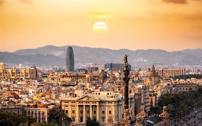 Barcelona, 4k, sunset, kaupunkimaisemat, espanjan kaupungeissa, Espanja, moderneja rakennuksia, Barcelonan horisonttiin, Kaupungeissa Espanjassa