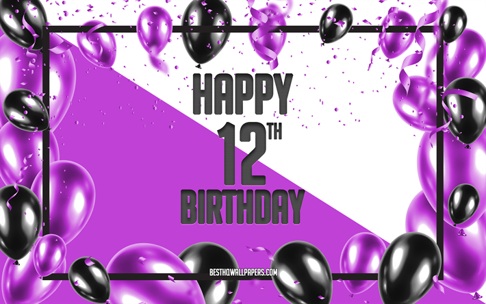 Happy 12th Birthday, Birthday Balloons Background, Happy 12 Years Birthday, Purple Birthday Background, 12th Happy Birthday, Purple Black Balloons, 12 Years Birthday, Colorful Birthday Pattern, Happy Birthday Background