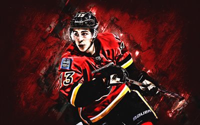 johnny gaudreau, calgary flames, portr&#228;t, amerikanischer eishockey-spieler, nhl, usa, rot, stein, hintergrund, hockey