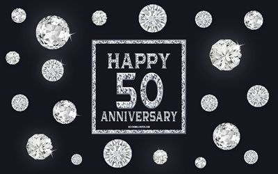 50 &#176; Anniversario, diamanti, sfondo grigio, Anniversario di sfondo con gemme, 50 Anni, Anniversario, Felice 50 &#176; Anniversario, arte creativa, Felice Anniversario di sfondo