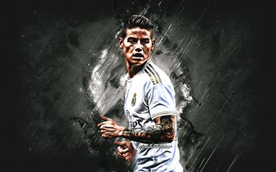 James Rodriguez, Real Madrid, Kolumbialainen jalkapalloilija, hy&#246;kk&#228;&#228;v&#228; keskikentt&#228;pelaaja, muotokuva, Liiga, Espanja, harmaa kivi tausta, jalkapallo