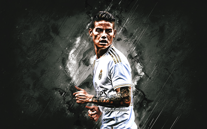 James Rodriguez al Real Madrid, calciatore Colombiano, centrocampista offensivo, ritratto, La Liga, La Spagna, in pietra grigia, sfondo, calcio