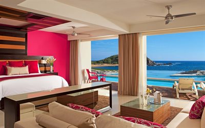 interior de apartamentos de luxo, um design interior moderno, quarto com paredes cor-de-rosa, apartamentos &#224; beira-mar
