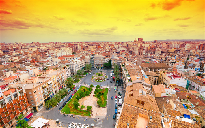 Valencia, 4k, sunset, cityscapes, spanish cities, Spain, Valencia skyline, Cities of Spain