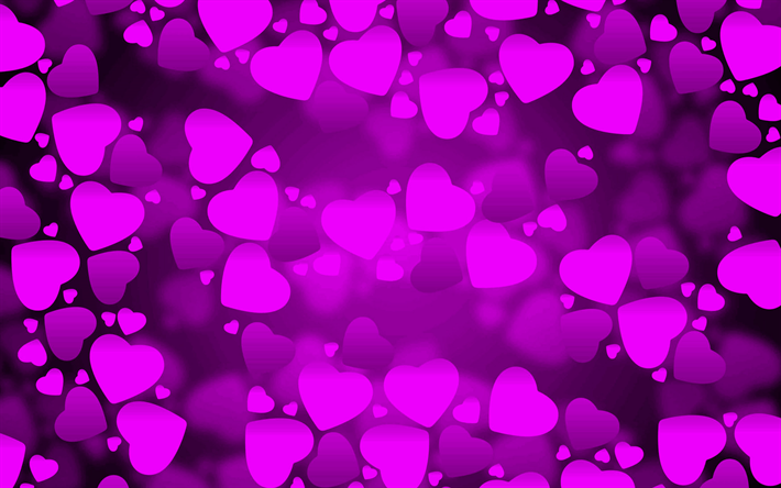 4k, violet hearts, violet love background, creative, love concepts, abstract hearts, violet hearts pattern