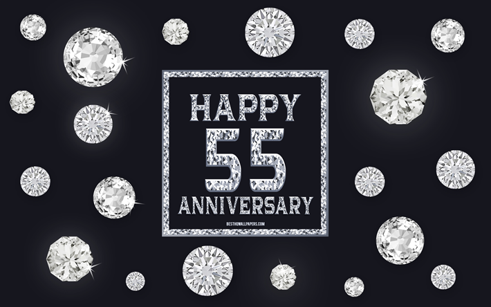 55 &#176; Anniversario, diamanti, sfondo grigio, Anniversario di sfondo con gemme, 55 Anni, Anniversario, Felice 55 &#176; Anniversario, arte creativa, Felice Anniversario di sfondo