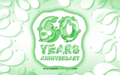 60th anniversary, 4k, 3D petals frame, anniversary concepts, green background, 3D letters, 60th anniversary sign, artwork, 60 Years Anniversary