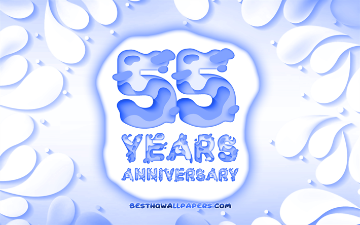 55th anniversary, 4k, 3D petals frame, anniversary concepts, blue background, 3D letters, 55th anniversary sign, artwork, 55 Years Anniversary