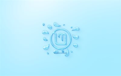 linux mint logo -, wasser -, logo-emblem, blauer hintergrund, linux-mint-logo aus wasser -, linux -, kunst -, wasser-konzepte, linux mint