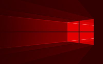 Windows 10 red logo, 4k, minimal, OS, red abstract background, creative, Windows 10, artwork, red rays, Windows 10 logo