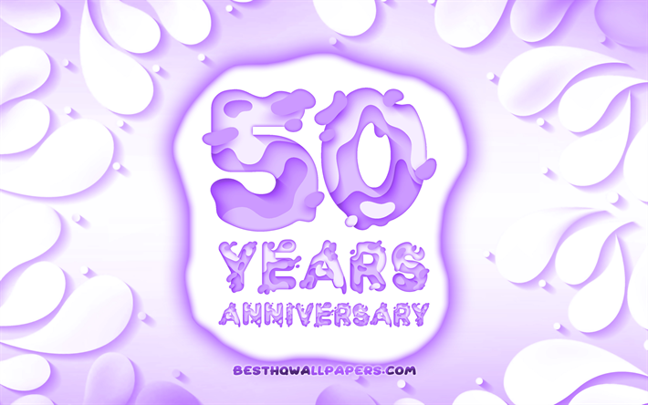 50e anniversaire, 4k, 3D p&#233;tales cadre, anniversaire, concepts, fond violet, 3D lettres, 50e anniversaire signe, illustration, 50 Ans Anniversaire