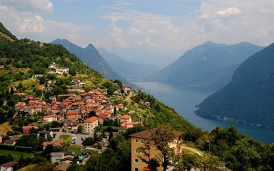 Lugano, schweiziska staden, bergslandskapet, sjön, stadsbilden, Ticino, Schweiz