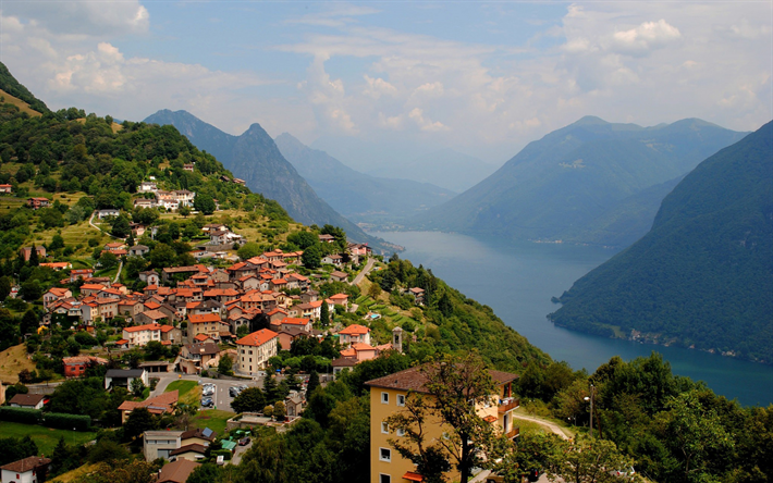 Lugano, İsvi&#231;re şehir, dağ manzarası, g&#246;l manzarası, Ticino, İsvi&#231;re