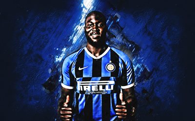 Romelu Lukaku, Inter Milan, portrait, FC Internazionale, Belgian football player, Serie A, Italy, blue stone background, football, Lukaku Inter