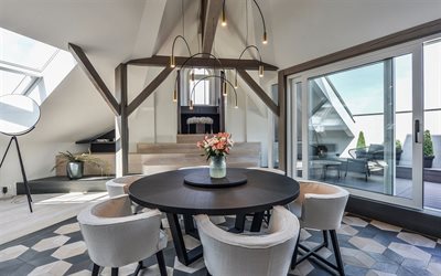 stylish interior design, dining room, round table, minimalism style, modern interior design